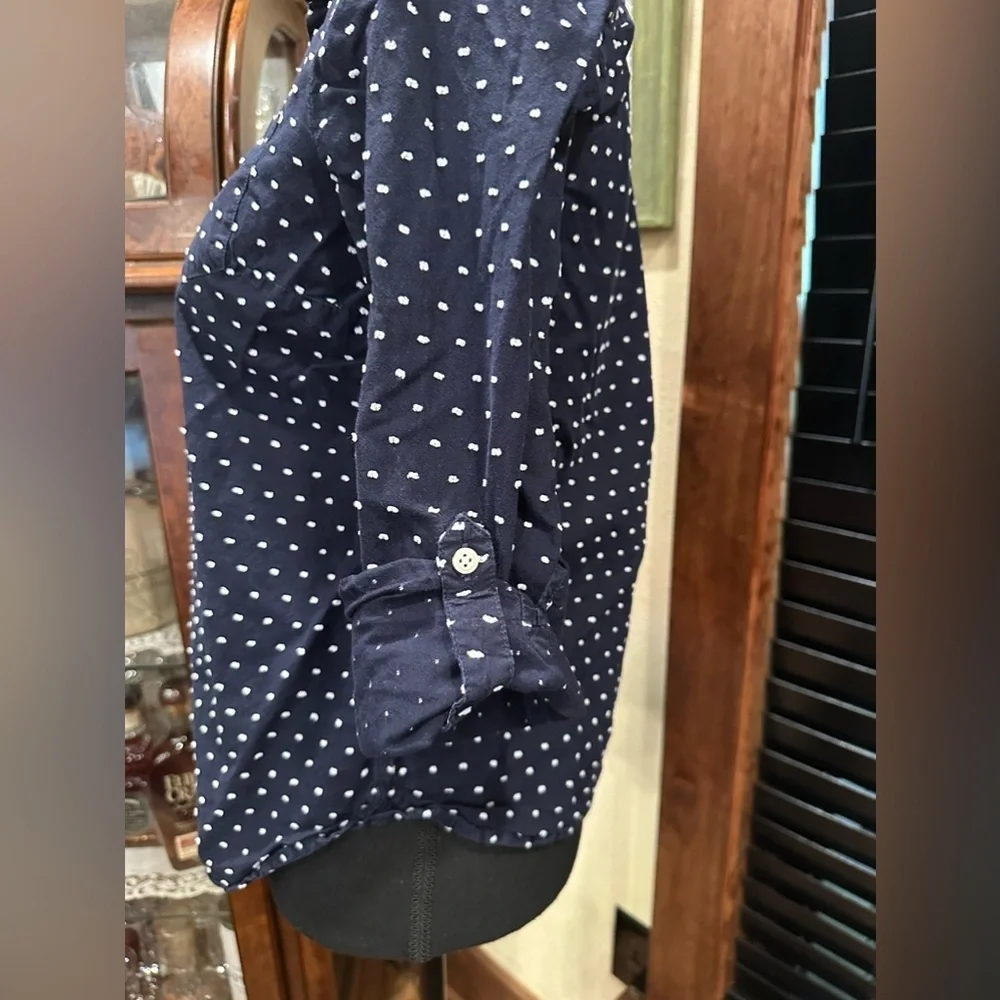 Talbots Top Navy White Polka Dot Button Long Sleeve - Picture 5 of 7